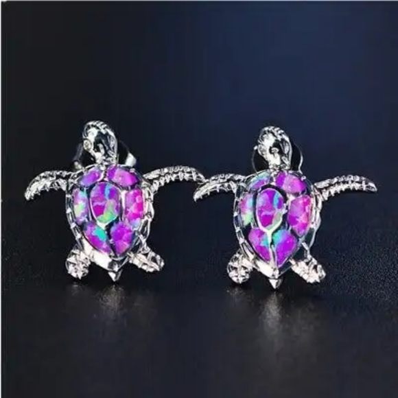 Blazing Blue Fire Opal Sea Turtle Earrings - Picture 8 of 12